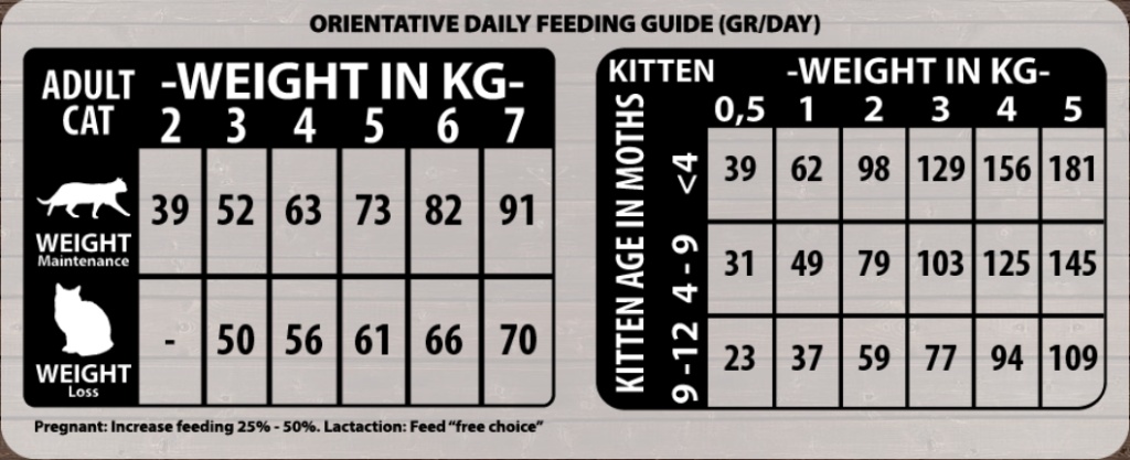 abla de alimentación diaria pienso Natural Woodland para gatos y gatitos