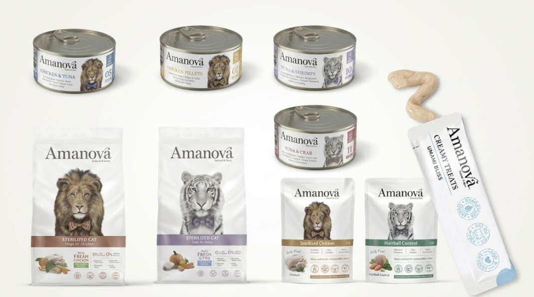 Gama premium Amanova para gatos: comida húmeda en lata, pienso para gatos esterilizados y snacks cremosos, elaborados con carne fresca y sin cereales. Venta exclusiva en tienda física.