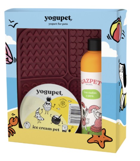 Pack de verano Yogupet Summerbox XII para perros con helado, gazpet y comedero de silicona burdeos en caja playera