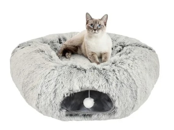 Cama donut antiestrés suave con túnel para gatos